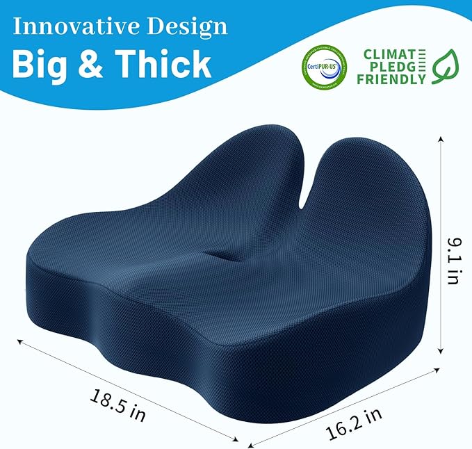 CushZone Seat Cushion, Memory Foam Office Chair Cushions, Ergonomic Curved Design for Sciatica, Tailbone, Coccyx, Seat Support for Car, Desk Chair, Wheelchair, Enhances Long Sitting Comfort (Blue)