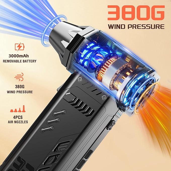 X301 Electric Air Duster-250000RPM Super Power-Air Duster, Replaceable Battery,Long Life-Snow Blower, 3-Gear Adjustable,4 nozzles for Computer, Keyboard, Outdoors and Car Cleaning.(1*Battery)