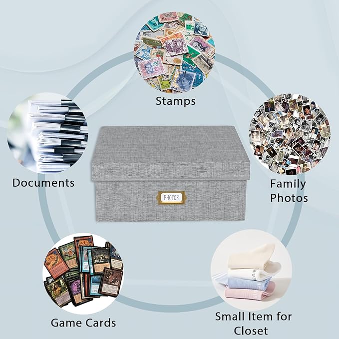 Decorative Photo Storage Box - Linen Photo Box Organizer with Dividers, Fits Holds Up to 1700 Pictures and 4x6 Photos, Memory Keepsake Organizer for Photos, Scrapbook Supplies, Cards, Stamps (Grey)