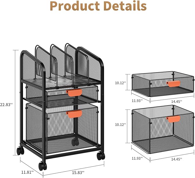 Marbrasse Rolling File Cart with Adjustable Dividers, Mobile File Cabinet on Lockable Wheels, Office Filing Cabinet Organizer, Hanging File Folder Organizer for Home Office - Black