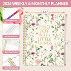 SUNEE 2026 Weekly and Monthly Planner - from January 2026 - December 2026, Daily Agenda Planner with Monthly Tab, Flexible Cover, Note Pages, Pockets, Bookmark, Spiral Binding, Wildflowers, 8.5"x11"