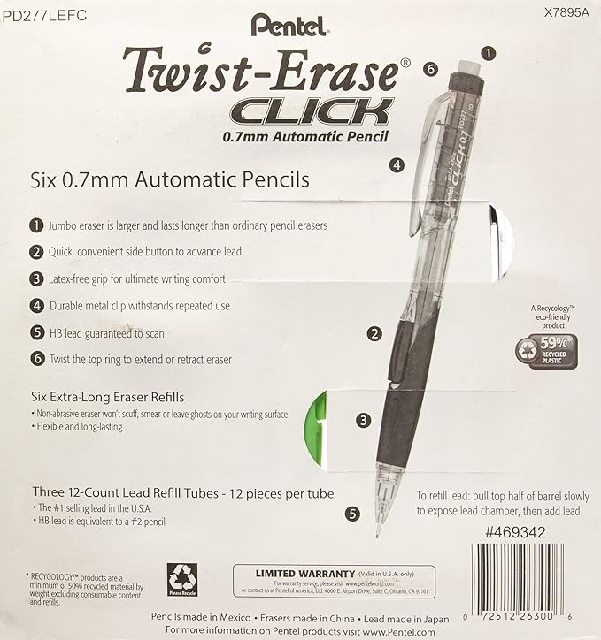 Pentel Twist-Erase Click Mechanical Pencils 0.7mm, HB #2, School Supplies, Teacher Supplies, Drawing Sketching pencils, Assorted Barrel Colors- 6 Mechanical Pencils, 6 Erasers, 3 Tubes of Lead Refills