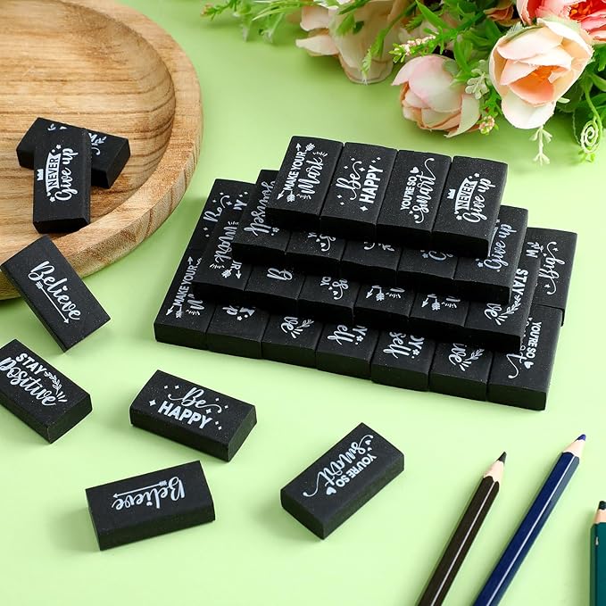 Dunzoom 100 Pcs Inspirational Pencil Erasers Bulk for Kids Fun Motivational Eraser School Supplies Back to School Office Supplies for Classroom Office Teacher Artists (Classic)