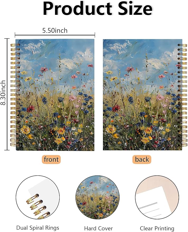BitKan Rustic Wild Flower Spiral Notebook, Retro Cottagecore Wildness Botanical Floral Journal for Women, Farmhouse Country Landscape Botanical Notebook 5.5x8.3 Inch-369