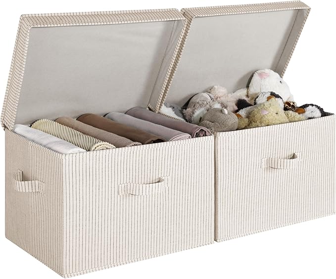 StorageWorks Fabric Storage Bins with Lid, Decorative Storage Boxes for Shelves, Stackable Closet Organizer Basket with Handles, Jumbo, Gray and White Stripes, 2-Pack