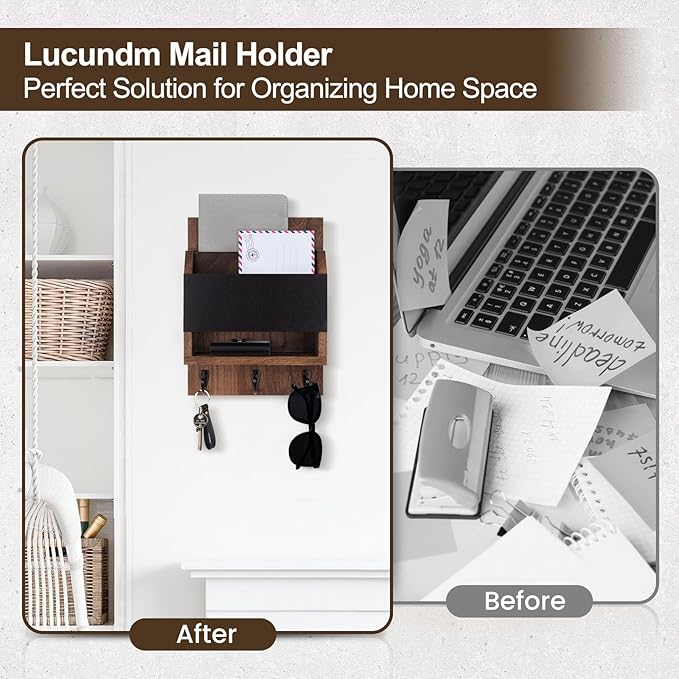 Lucundm Key and Mail Holder for Wall, Key Holder with Chalkboard and Long Storage Box, Key Hanger with 3 Sturdy Hooks for Coat, Dog Leash, Entryway Mail Organizer (Brown)