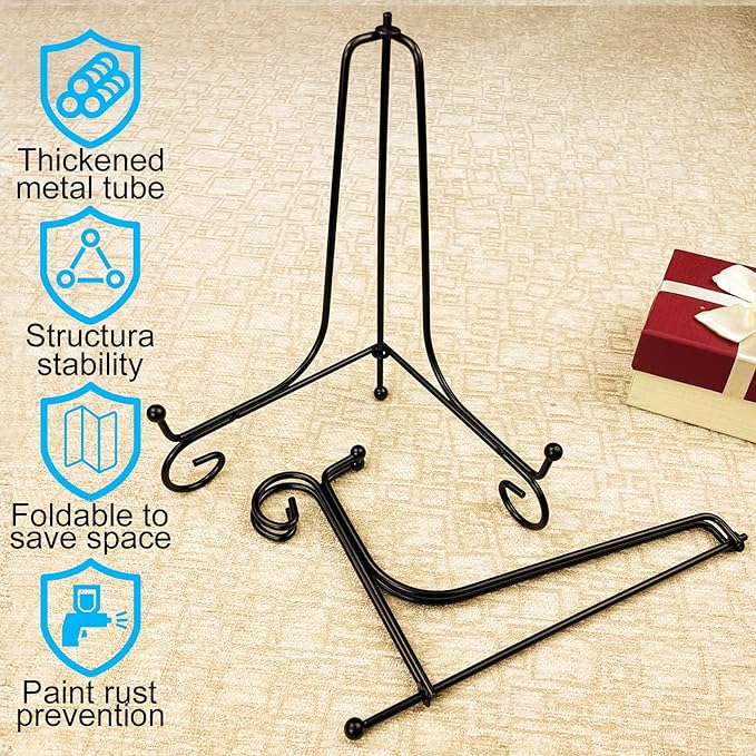 HENABLE 4PCS Premium Black Iron Plate Stands for Display, 8 Inch, Decorative Solid Metal Plate Holders for Displaying, Mini Easel, Frame, Book, Card, Plaque, Bowl, Picture Stands