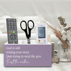 XPH Purple Christian Pen Pencil Holder Organizer for Desk, Christian Gifts for Women, God Is Still Writing Your Story Bible Verse Wooden Box Sign for Home Office Desk Tabletop Decorations