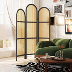 3-Panel Hand-Woven Rattan Room Divider, Tall Foldable Privacy Screen with Wooden Frame - Freestanding Portable Partition for Home Office, Bedroom, Bathroom(Black-Wave)