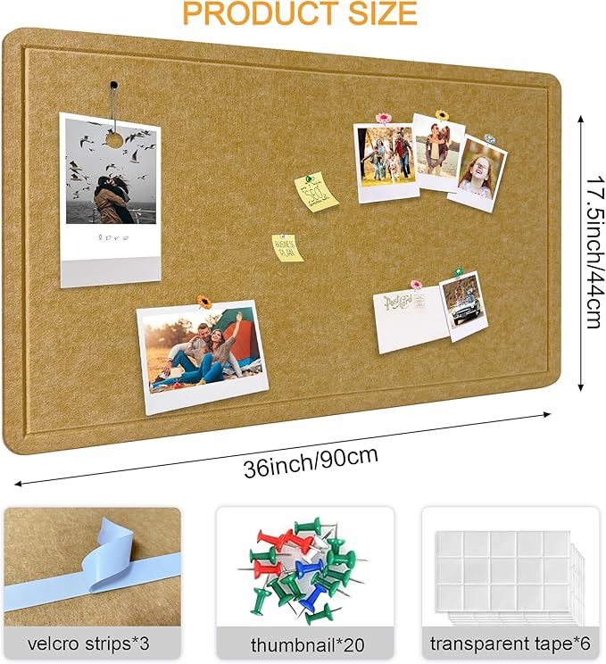 Yunihome Large Bulletin Board - Foldable 36x17.5 Inches Cork Board Alternative with 20 Push Pins, Self-Adhesive Felt Bulletin Board for Wall, Home Office Classroom Decor