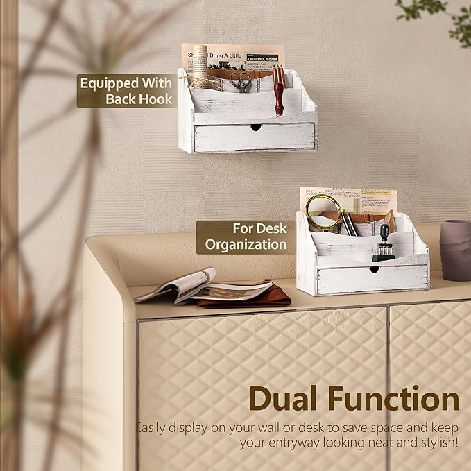 Pine Wood Mail Organizer for Desk - Charming Farmhouse Countertop Mail Sorter for Office Desk & Home Decor - Wooden Letter Organizer with Drawer & Dividers for Room Organization(Whitewash)