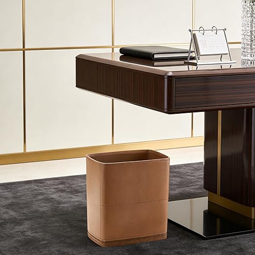 Polytree Bathroom Trash Can 1.8 Gallon(7 Liter) Small Kitchen Garbage Can,Decor Wastebasket for Bedroom Office,Brown （Resin-Imitated Leather Effect）