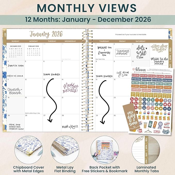 bloom daily planners HARDCOVER 2026 Planner (January to December) - 8.5” x 11” Weekly & Monthly Dated Agenda Organizer Book with Stickers & Tabs - Blue & White Floral