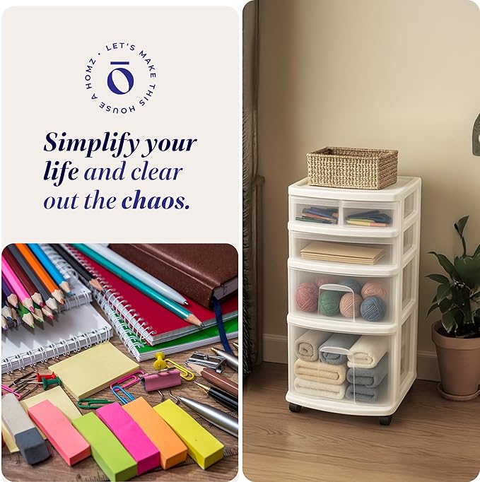 HOMZ Drawer Tower, 4-Tier Clear Plastic Storage Organizer Cart, White Frame – Rolling Containers with Wheels for Bathroom, Bedroom, Office, and Classroom Organization