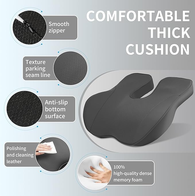 EARJIA Memory Foam Seat Cushion for Office Chair Seat Cushions for Long Sitting Tailbone Pain Relief Anti-Slip Bottom & Removable Leather Cover for Car Gaming Work