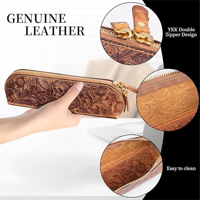 Gexmil Genuine Leather Pen Case, Full Grain Leather Pencil Holder, Hand-made Stationery Bag for Work & Office, Vintage Style, Floral Brown