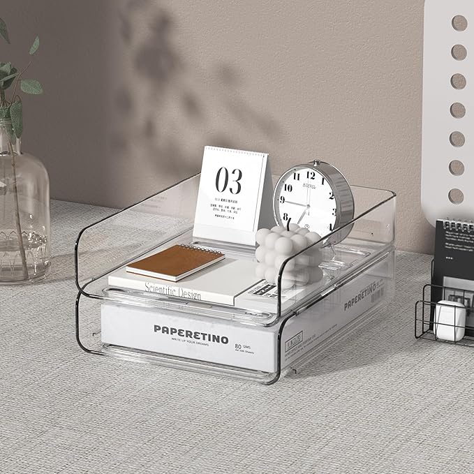 FANXIYQ 2-Tier Acrylic Paper Tray Organizer - Low-Profile Desk File Sorter for Office/Home, Clear Stackable Letter Tray for Bills, Crafts, Notebooks