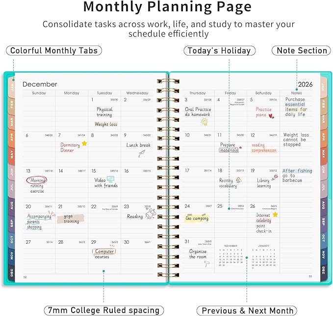 RETTACY 2026-2027 Monthly Planner, Jan 2026 - Dec 2027, Large Size (8.5" x 11"), Agenda, Calendar, 24 Month Tabs, Flexible Plastic Cover, 100 GSM Thick Paper, Spiral-bound (Tiffani Blue)