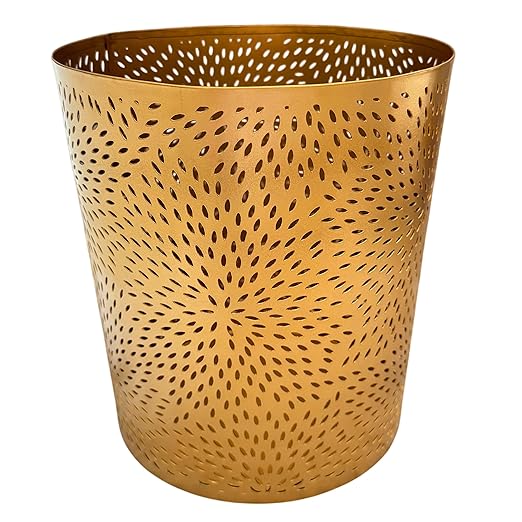 TUP THE URBAN PORT 10" Decorative Iron Wastebasket Trash Can | Matte Gold | Leaf Etched Design