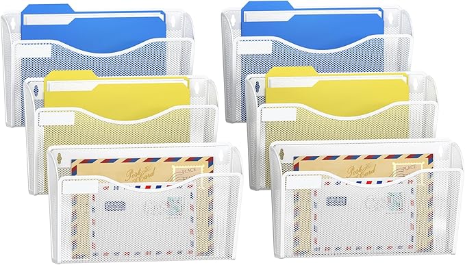 Samstar 6 Pack Mesh Wall Mounted File Holder Metal Wall File Pocket Mail Organizer for Office/Home(with Label Panel), White