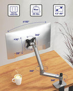 Ergounion Single Monitor Arm Desk Mount, Holds Screens up to 40 Inches and 25 lbs, Fully Adjustable Vesa Monitor Mount with C-Clamp and Grommet Base, Aluminum, Silver