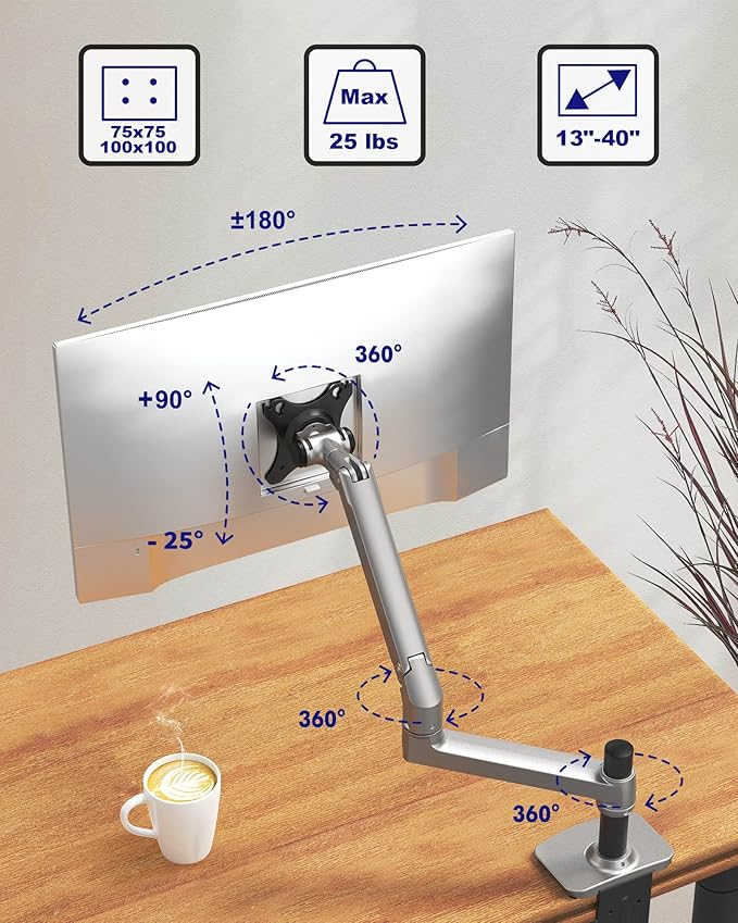 Ergounion Single Monitor Arm Desk Mount, Holds Screens up to 40 Inches and 25 lbs, Fully Adjustable Vesa Monitor Mount with C-Clamp and Grommet Base, Aluminum, Silver