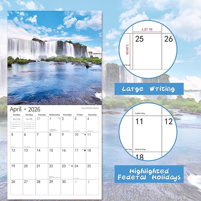 2026 Wall Calendar,Calendar 2026, November 2025 - December 2026, Wall Calendar Waterfall, 12" x 24" Opened,Full Page Months Thick & Sturdy Paper for Calendar Organizing & Planning