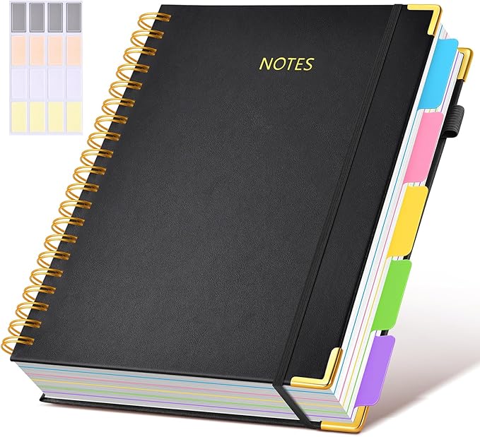 Hardcover Spiral Notebook 8.5"x11" Journal with Removable Dividers Tabs, 300 Pages Leather 5 Subject Notebook College Ruled, Large A4 Notebooks for Work School, Lined Journal for Women, A4 Black