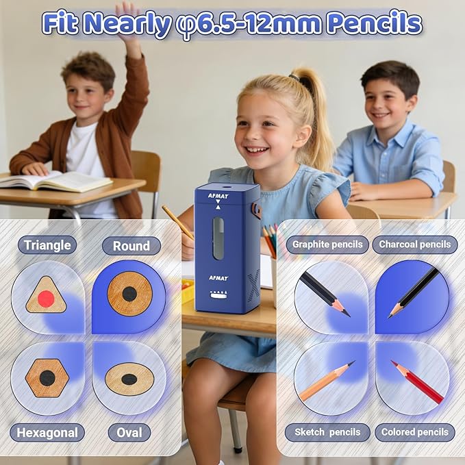 AFMAT Electric Pencil Sharpener, Fully Automatic Pencil Sharpener, Auto in & Out, Rechargeable Hands-Free Sharpeners for Jumbo & Colored Pencils (6.5-12mm), Portable for Home/Classroom/Office PSC6