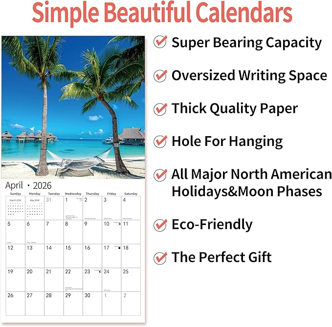 2026 Wall Calendar,Calendar 2026, November 2025 - December 2026, Wall Calendar Whispers of the Waves, 12" x 24" Opened,Full Page Months Thick & Sturdy Paper for Gift Perfect Calendar Organizing