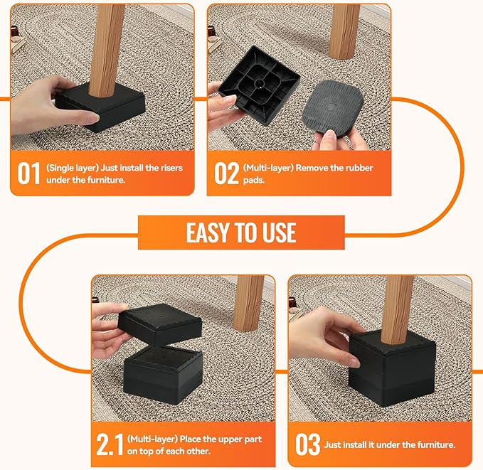 Furniture Risers Heavy Duty Adjustable Bed Risers Blocks Lift 4, 3, 2 inches for Couch, Sofa, Table, Desk, Chair Legs, Refrigerator, Washing Machine Support up to 4000 pounds (Black 4 Pack, 2 inch)