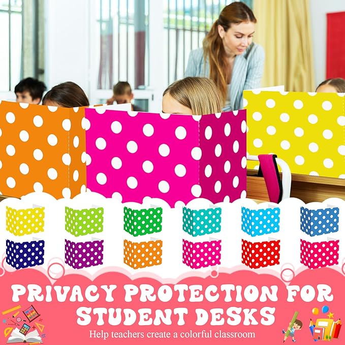 SATINIOR 24 Pcs Desk Dividers for Students, 12 Colors Testing Dividers Privacy Folders for Classroom Must Have Bulk, Study Panel for School Teacher Student Study Supplies(Dot)