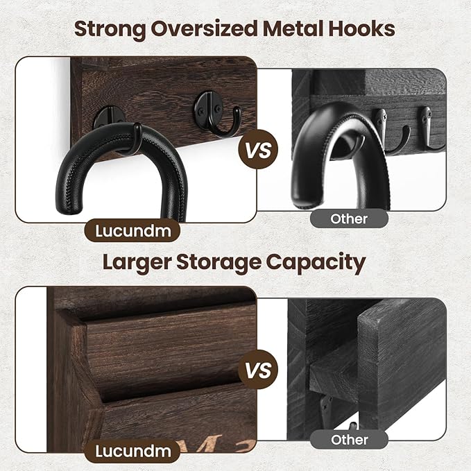 Lucundm Mail and Key Holder - Decorative 9.8" x 12.5" Wall Key Hanger with 2 Mail Organizer Slots and 3 Hooks - Real Paulownia Wood with Keyhole Brackets, Hardware and Instructions (Brown)