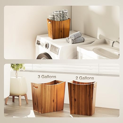 Tidita 3 Gallons Rectangular Wastebaskets - Acacia Wood Waste Basket with Handles - Small Trash Can for Bathroom - Brown Garbage Bin for Spa Decorative, Kitchen Under Counter, Living Room, Office