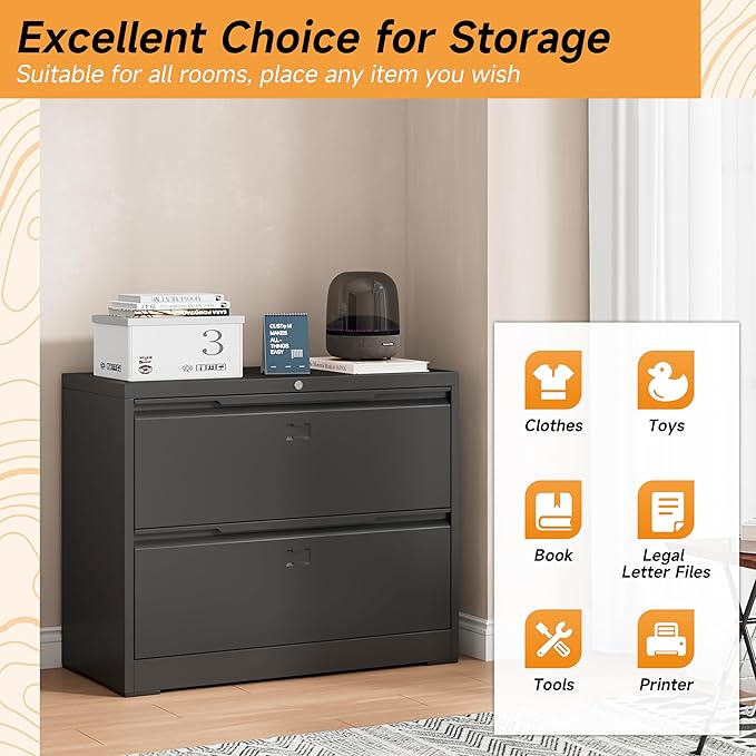 Bestoo 2-Drawer Lateral File Cabinet with Lock, Metal Filing Cabinet for Home Office, Lateral Filing Storage Cabinets, Fits File Folders, Letter/Legal/F4/A4 Sizes, Assembly Required (Black)