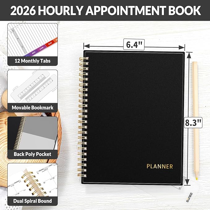 SUNEE 2026 Appointment Book, 2026 Hourly Planner 6.4"x8.3", Hourly, Weekly & Monthly Planner - from January 2026 - December 2026, Flexible Cover, Note Page, Pocket, Bookmark, Black