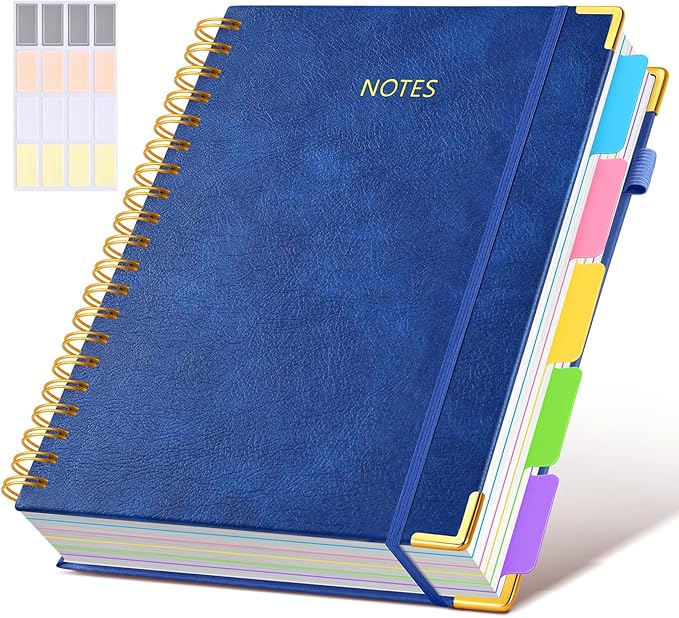 Hardcover Spiral Notebook 8.5"x11" Journal with Removable Dividers Tabs, 300 Pages Leather 5 Subject Notebook College Ruled, Large A4 Notebooks for Work School, Lined Journal for Women, A4 Navy
