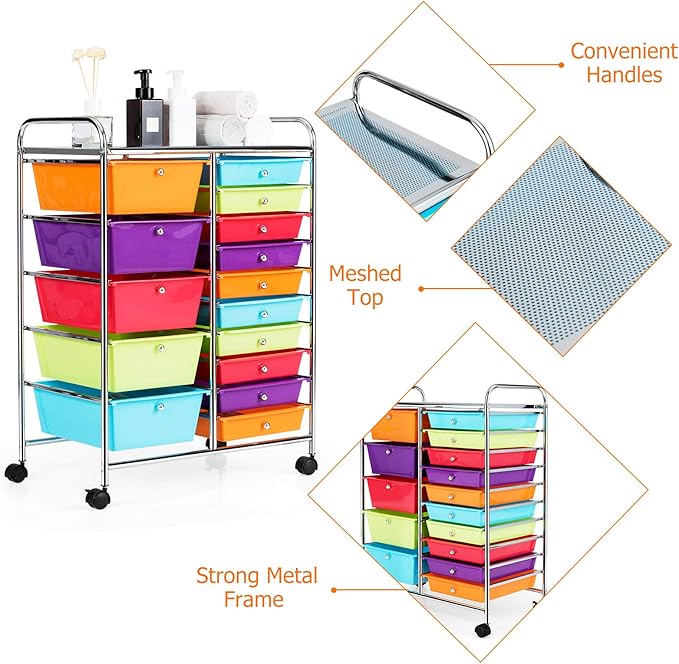 HAPPYGRILL 15-Drawer Rolling Cart, Storage Carts with Removable Drawers & Steel Frame, Utility Cart on Lockable Wheels for Home, School, Office,Multicolorful