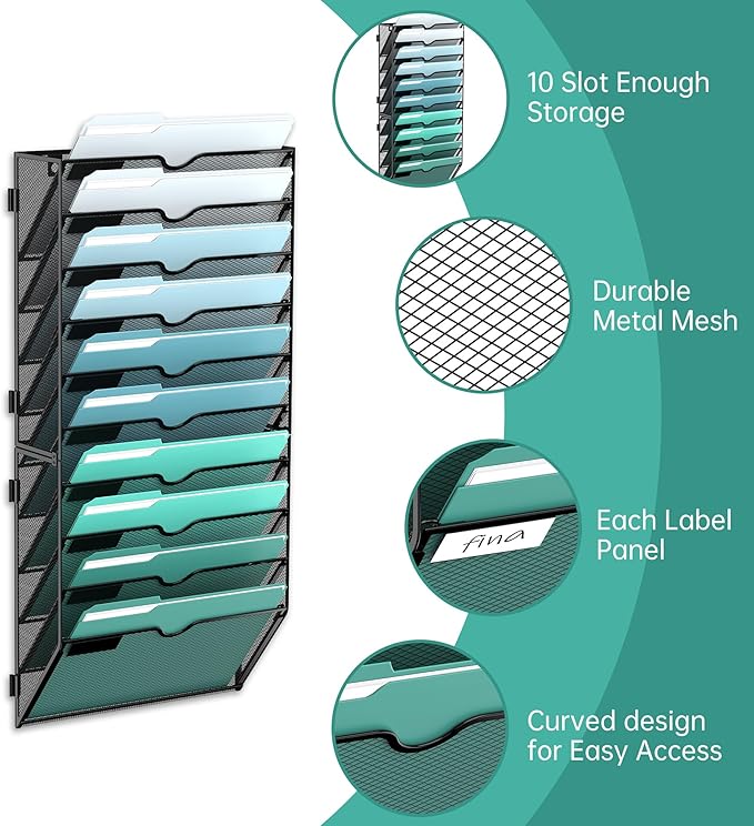 SUPEASY 10-Tier Wall File Organizer, Hanging Wall Files for Papers, Folders, Magazines, Wall Organizer for Clipboard, Assembly Needed, Black