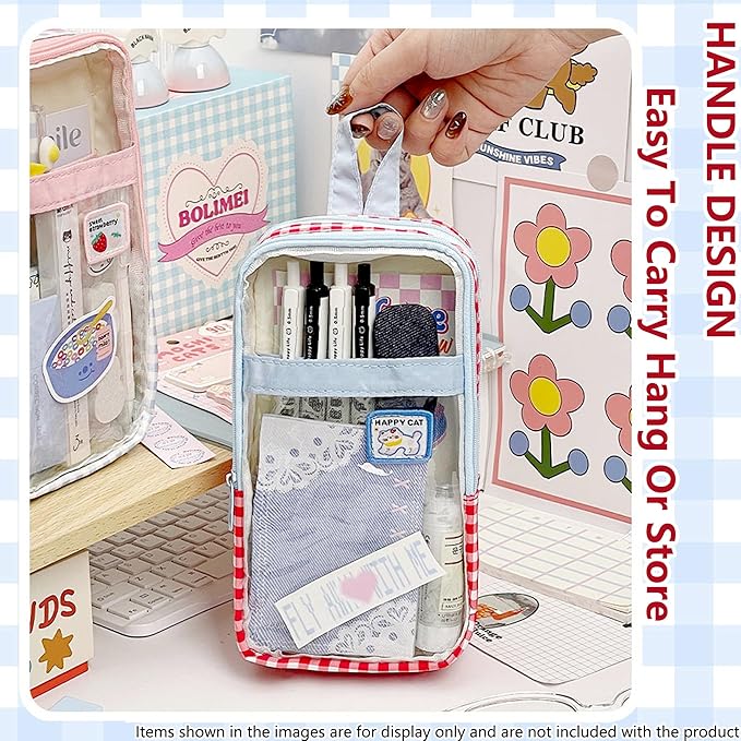 UINSUE Cute Pen case Adorable Bunny Transparent 3-Layer Large Capacity Pencil Case Gadget organizer with Lovely Stickers (Pink Polka Dot)