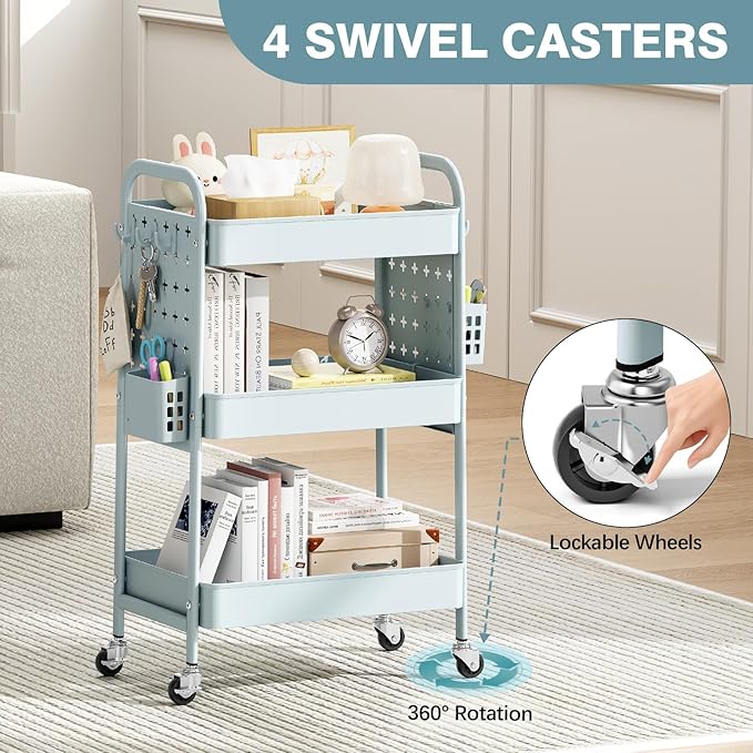 KINGRACK 3 Tier Rolling Cart with DIY Hanging Board, Metal Rolling Utility Cart with Wheels Handles Baskets Hooks, Rolling Storage Cart Suitable for Bathroom, Kitchen, Office, Nursery Diaper (Green)
