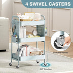 KINGRACK 3 Tier Rolling Cart with DIY Hanging Board, Metal Rolling Utility Cart with Wheels Handles Baskets Hooks, Rolling Storage Cart Suitable for Bathroom, Kitchen, Office, Nursery Diaper (Green)