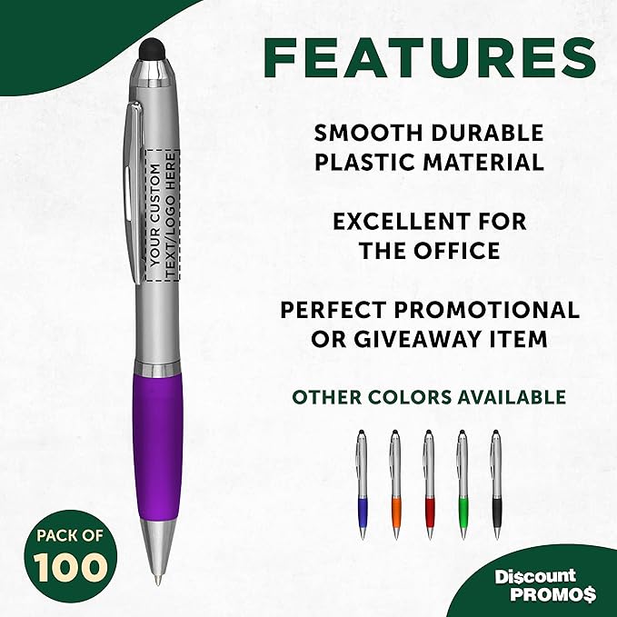 DISCOUNT PROMOS Custom Stylus Ballpoint Pens Set of 100, Personalized Bulk Pack - Black Ink, Great for Office, School, Business, Tradeshows, Events - Purple