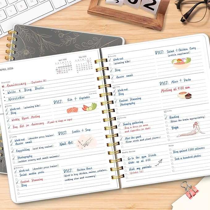 2026 Planner 8.5 x 11, Large Weekly Monthly Planners with Tabs, A4 Spiral Bound Daily Calendar 2026 Planner, 12 Month Agenda from Jan. to Dec., Flexible Cover Appointment Book(Black Gold Flower)