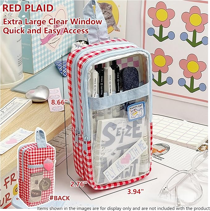 UINSUE Cute Pen case Adorable Bunny Transparent 3-Layer Large Capacity Pencil Case Gadget organizer with Lovely Stickers (Red Plaid)
