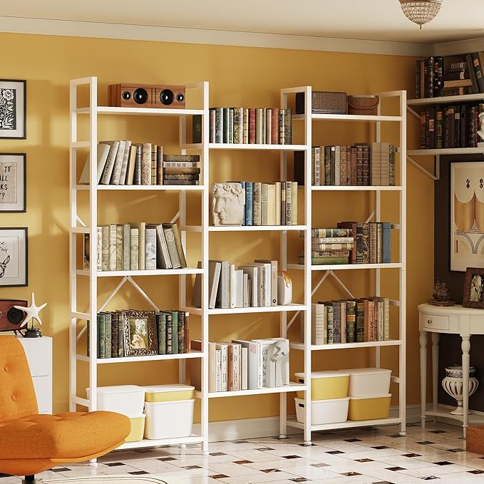 SUPERJARE Triple 5 Tier Bookshelf, Bookcase with 14 Open Display Shelves, Wide Book Shelf Book Case for Home & Office, White