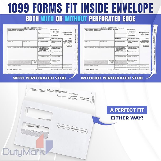 50 1099 Tax Envelopes Self-Seal Designed for printed 1099 Laser Forms - MISC - 1098-1099 R - DIV - INT, Double-Window Security For Quickbooks or Tax Software - 5 5/8 Inch x 9 Inch, 50 Envelopes