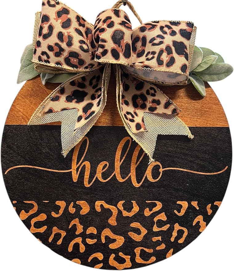 Wood front door sign Wood sign Home decor Welcome sign Sign for front door House warming gift Wedding gift (Hello Cheetah-UV025(A39) S003, 22" Width)