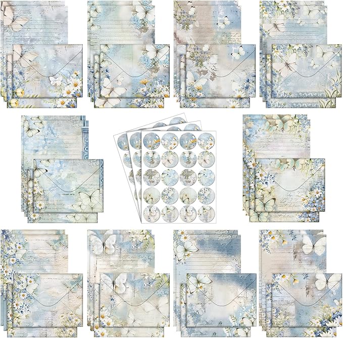 TaoBary 160 Pcs Stationery Paper Set 50 Double Sided Stationery Papers with 50 Matching Envelopes and 60 Round Dot Sticker, 10 Design (Serenity Junk,8.25 x 5.5 Inch)