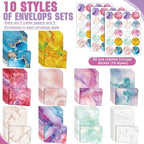 TaoBary 160 Pcs Stationery Paper Set 50 Double Sided Stationery Papers with 50 Matching Envelopes and 60 Round Dot Sticker, 10 Design(Marble,5.5 x 8.25 Inch)